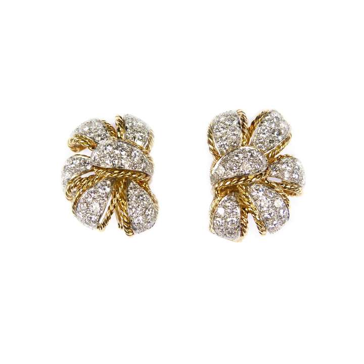 Pair of diamond and gold leaf cluster earrings